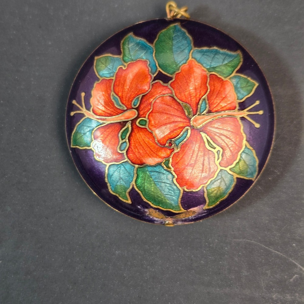 Vintage Cloisonne Enamel Hibiscus Flower Pendant Purple Orange Tropical Floral